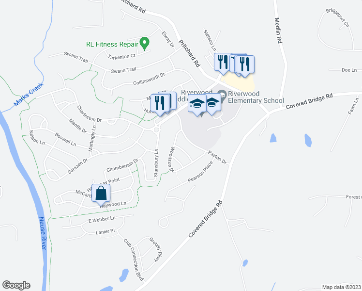 map of restaurants, bars, coffee shops, grocery stores, and more near 120 Buchanan Lane in Clayton