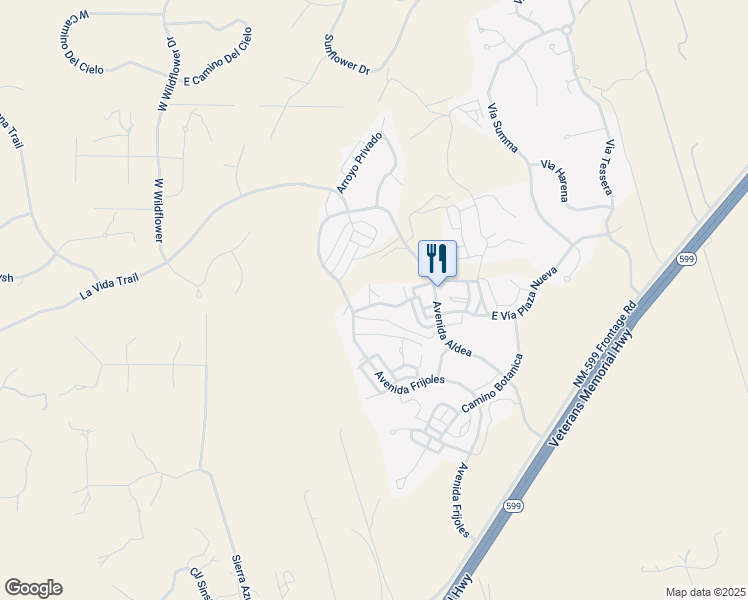 map of restaurants, bars, coffee shops, grocery stores, and more near 3 West Vía Plaza Nueva in Santa Fe