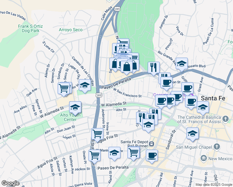 map of restaurants, bars, coffee shops, grocery stores, and more near 122 Villa Alegre Street in Santa Fe