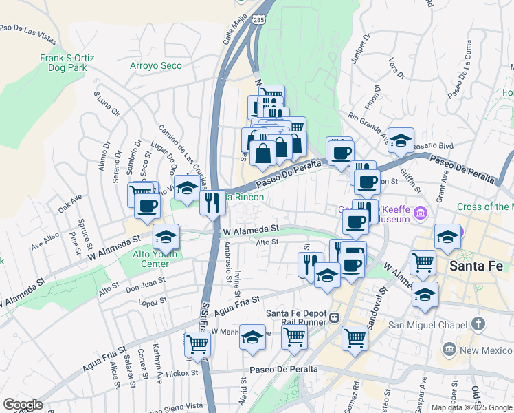 map of restaurants, bars, coffee shops, grocery stores, and more near 125 Villa Alegre Street in Santa Fe