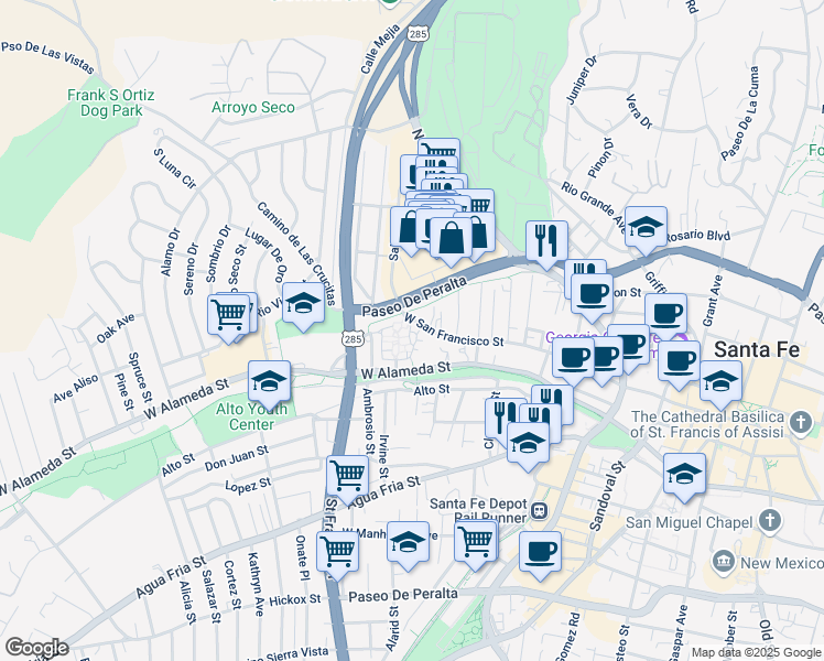 map of restaurants, bars, coffee shops, grocery stores, and more near 134 Villa Alegre Street in Santa Fe