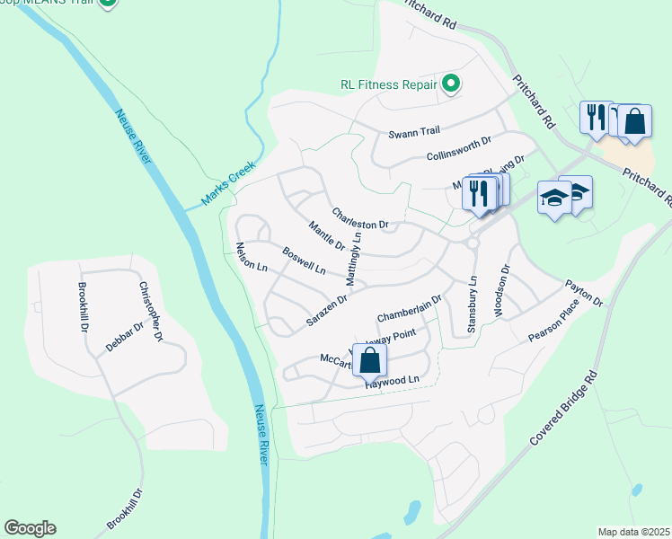 map of restaurants, bars, coffee shops, grocery stores, and more near 209 Boswell Lane in Clayton