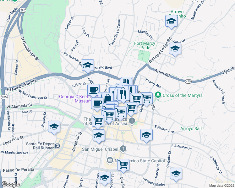 map of restaurants, bars, coffee shops, grocery stores, and more near 200 Lincoln Avenue in Santa Fe