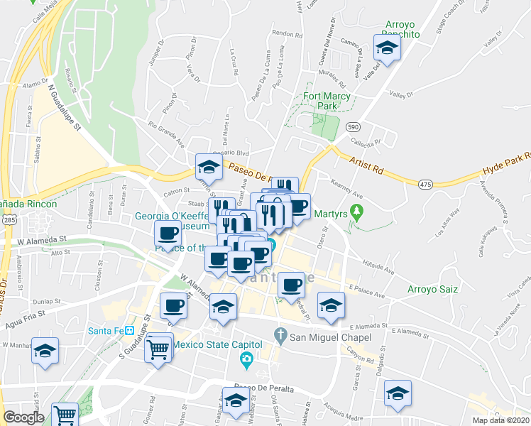 map of restaurants, bars, coffee shops, grocery stores, and more near 200 Lincoln Avenue in Santa Fe