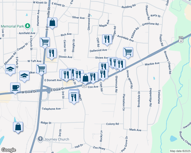 map of restaurants, bars, coffee shops, grocery stores, and more near 539 East Dixie Drive in Asheboro