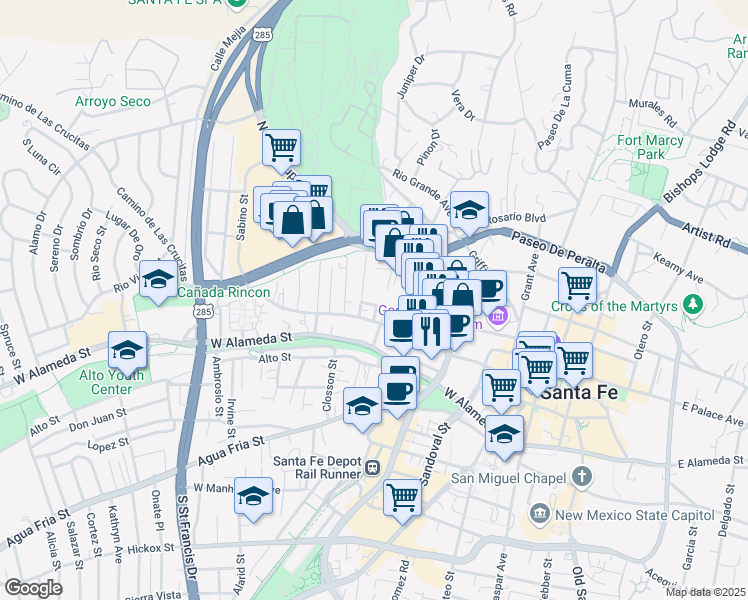 map of restaurants, bars, coffee shops, grocery stores, and more near 531 Dolores Street in Santa Fe