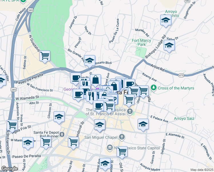 map of restaurants, bars, coffee shops, grocery stores, and more near 201 West Marcy Street in Santa Fe