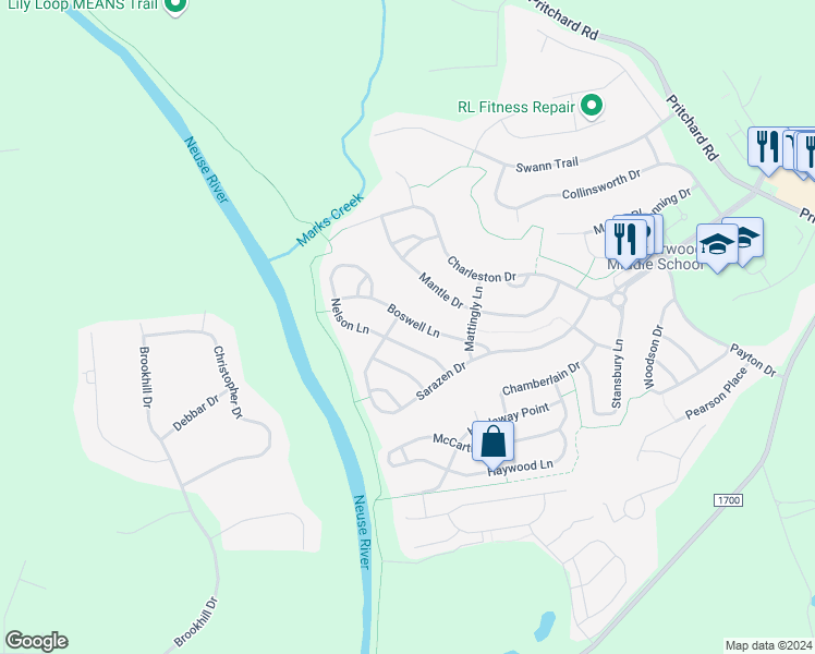 map of restaurants, bars, coffee shops, grocery stores, and more near 236 Boswell Lane in Clayton