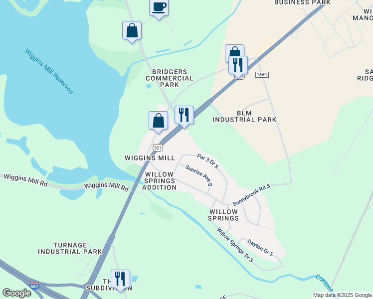 map of restaurants, bars, coffee shops, grocery stores, and more near 1104 Par 3 Drive South in Wilson
