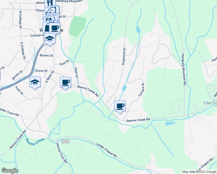 map of restaurants, bars, coffee shops, grocery stores, and more near 8 Dogwood Drive in Weaverville