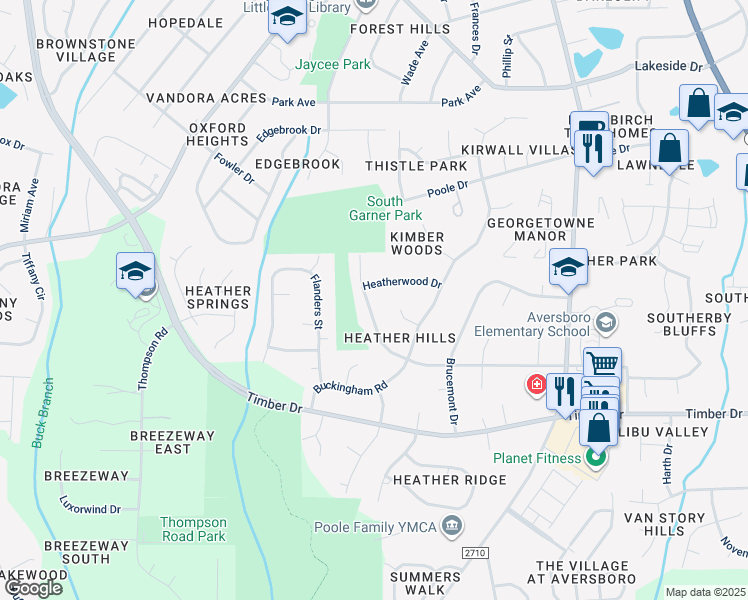 map of restaurants, bars, coffee shops, grocery stores, and more near 1318 Claymore Drive in Garner