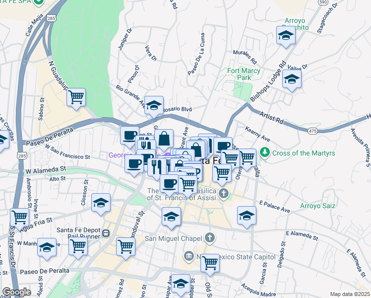 map of restaurants, bars, coffee shops, grocery stores, and more near 201 West Marcy Street in Santa Fe