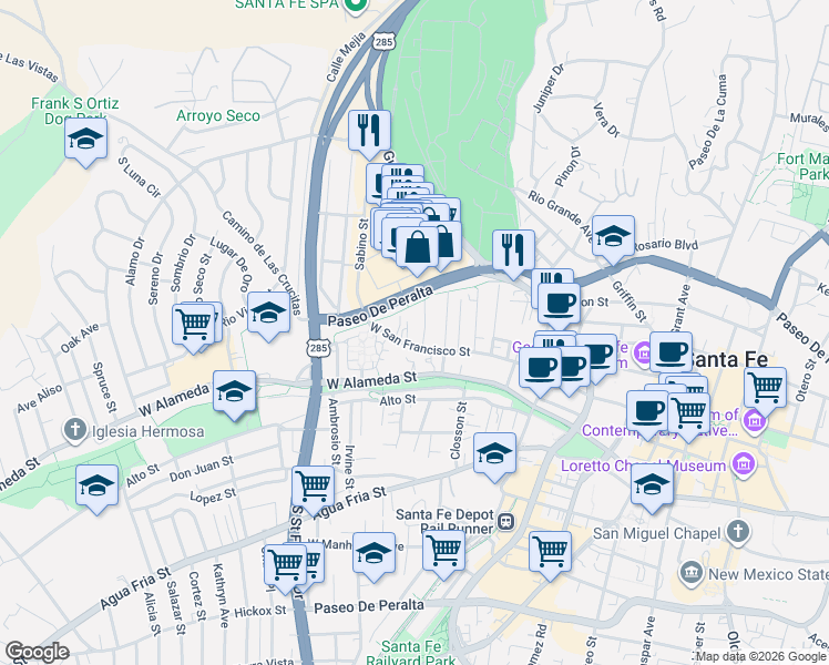 map of restaurants, bars, coffee shops, grocery stores, and more near 115 Jimenez Street in Santa Fe