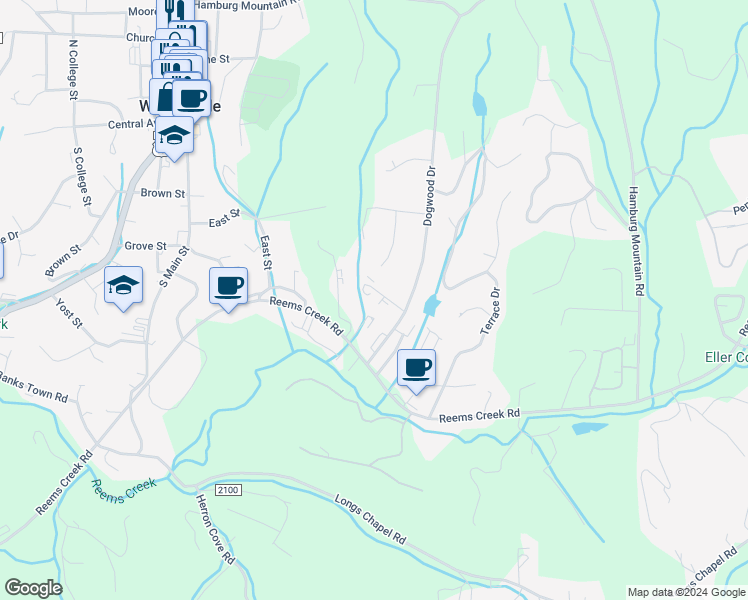 map of restaurants, bars, coffee shops, grocery stores, and more near 14 Woodstone Drive in Weaverville