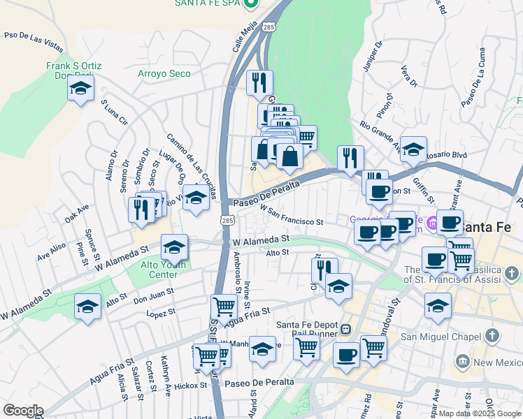 map of restaurants, bars, coffee shops, grocery stores, and more near 134 Villa Alegre Street in Santa Fe