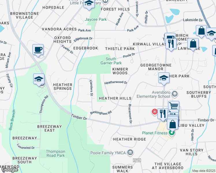 map of restaurants, bars, coffee shops, grocery stores, and more near 1318 Claymore Drive in Garner
