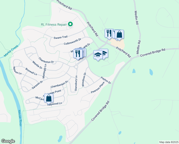 map of restaurants, bars, coffee shops, grocery stores, and more near 100 Woodson Drive in Clayton