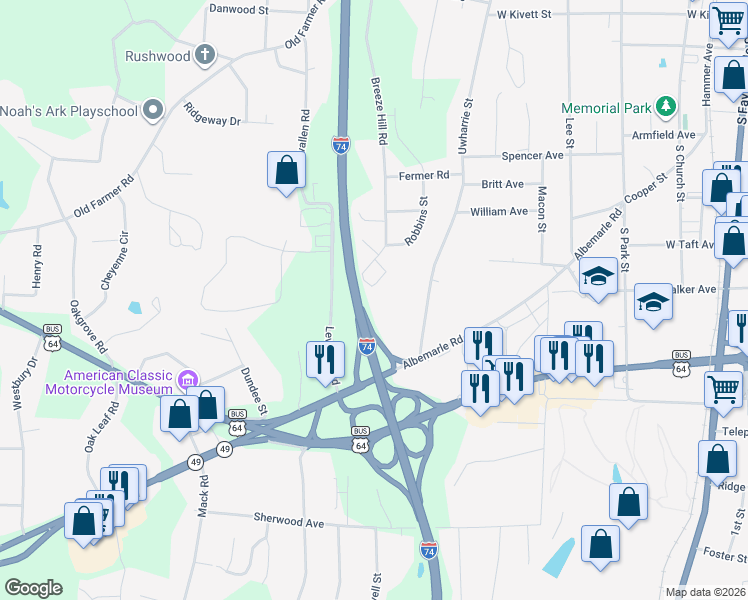 map of restaurants, bars, coffee shops, grocery stores, and more near 1034 Breeze Hill Road in Asheboro
