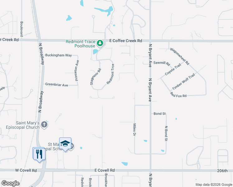 map of restaurants, bars, coffee shops, grocery stores, and more near 3600 Redmont Trce in Edmond