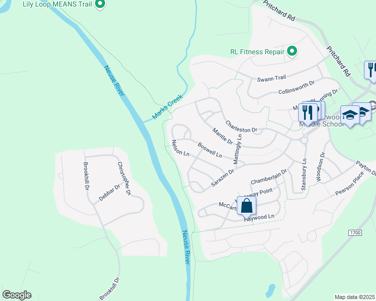 map of restaurants, bars, coffee shops, grocery stores, and more near 209 Nelson Lane in Clayton