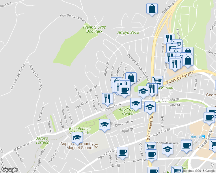 map of restaurants, bars, coffee shops, grocery stores, and more near 129 Alamo Drive in Santa Fe