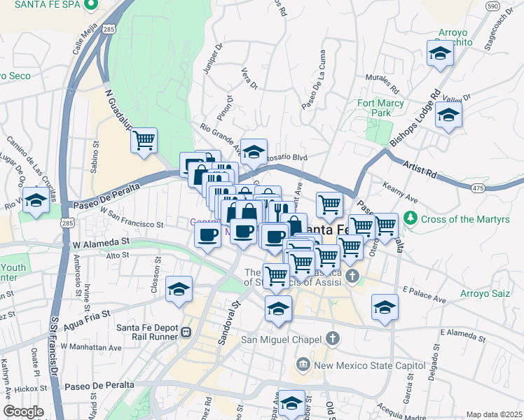 map of restaurants, bars, coffee shops, grocery stores, and more near 209 Chapelle Street in Santa Fe