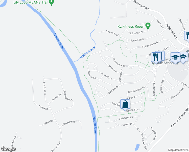 map of restaurants, bars, coffee shops, grocery stores, and more near 213 Nelson Lane in Clayton