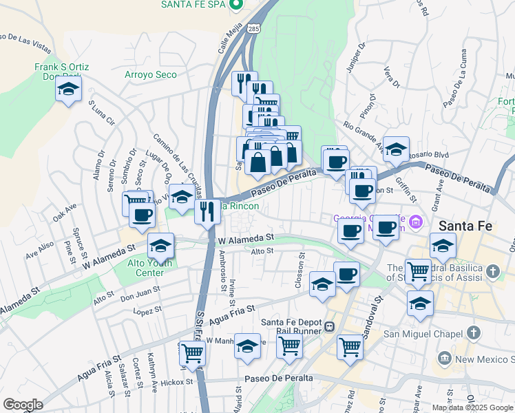 map of restaurants, bars, coffee shops, grocery stores, and more near 665 West San Francisco Street in Santa Fe