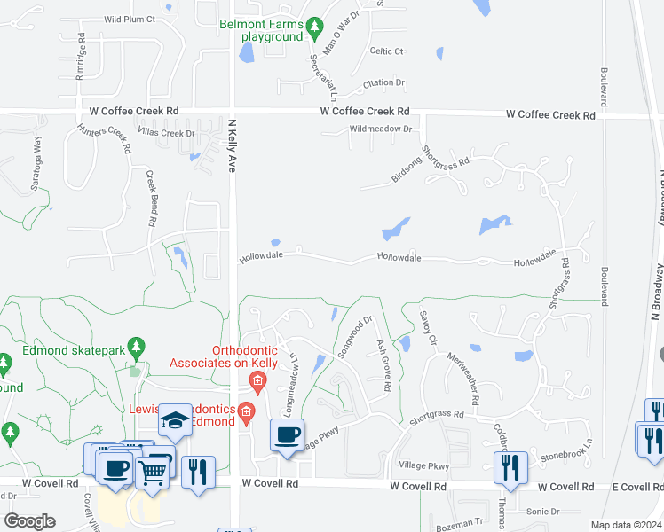 map of restaurants, bars, coffee shops, grocery stores, and more near 640 Hollowdale in Edmond