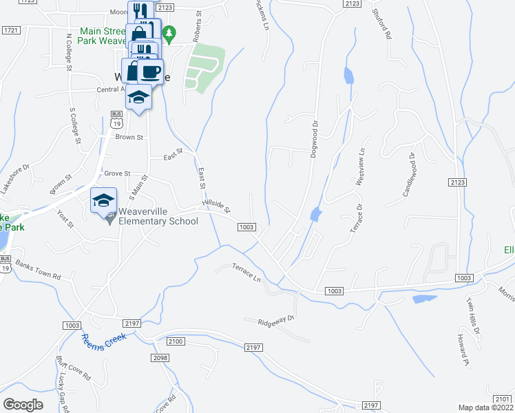 map of restaurants, bars, coffee shops, grocery stores, and more near 15 Shanna Drive in Weaverville