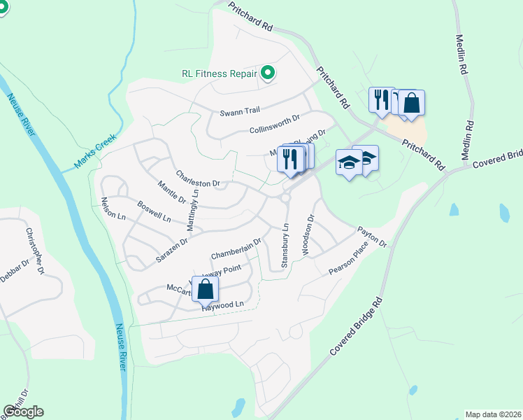 map of restaurants, bars, coffee shops, grocery stores, and more near 448 Charleston Drive in Clayton