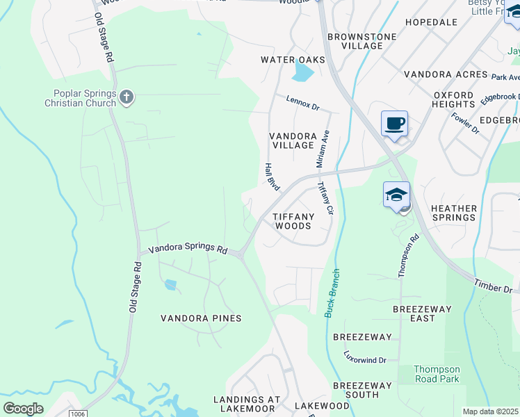 map of restaurants, bars, coffee shops, grocery stores, and more near 2106 Vandora Springs Road in Garner