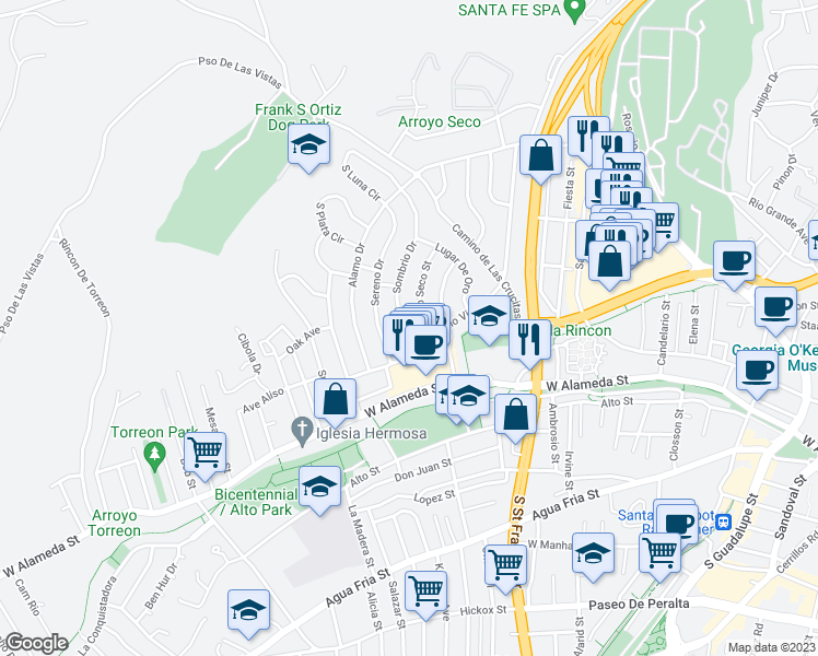 map of restaurants, bars, coffee shops, grocery stores, and more near 123 Sombrio Drive in Santa Fe
