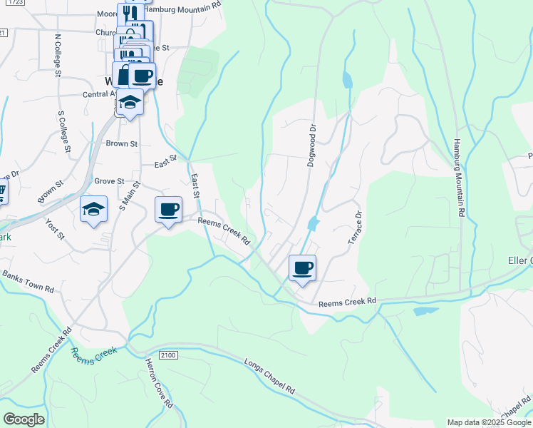 map of restaurants, bars, coffee shops, grocery stores, and more near 30 Woodstone Drive in Weaverville