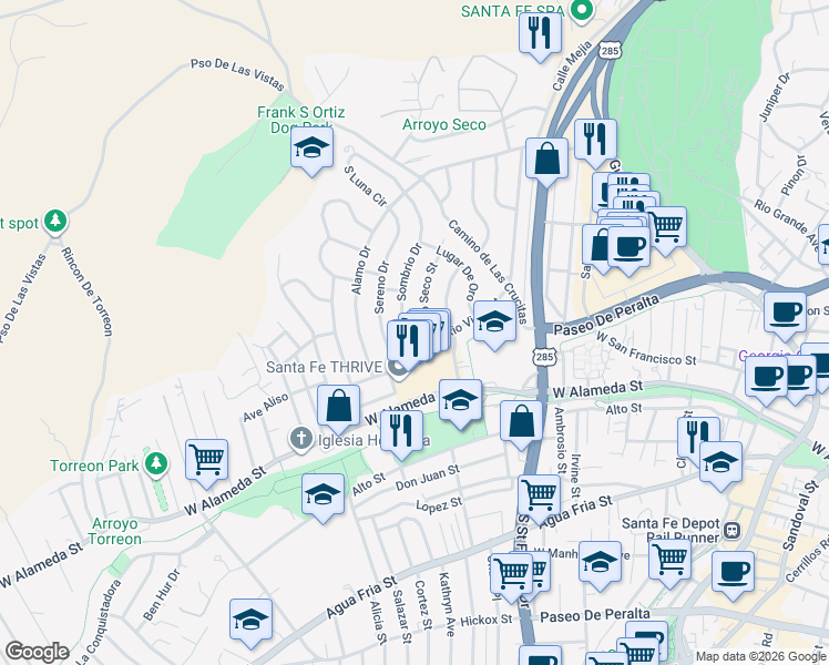 map of restaurants, bars, coffee shops, grocery stores, and more near 127 Rio Seco in Santa Fe