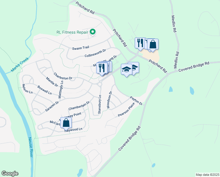 map of restaurants, bars, coffee shops, grocery stores, and more near 145 Woodson Drive in Clayton