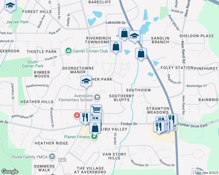 map of restaurants, bars, coffee shops, grocery stores, and more near 1000 Pennington Grove Way in Garner