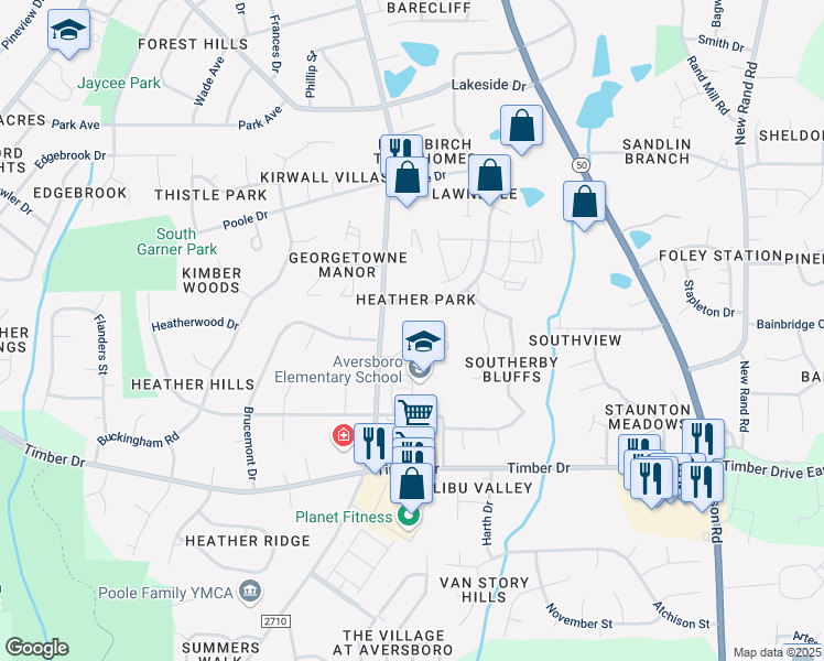 map of restaurants, bars, coffee shops, grocery stores, and more near 925 Heather Park Drive in Garner