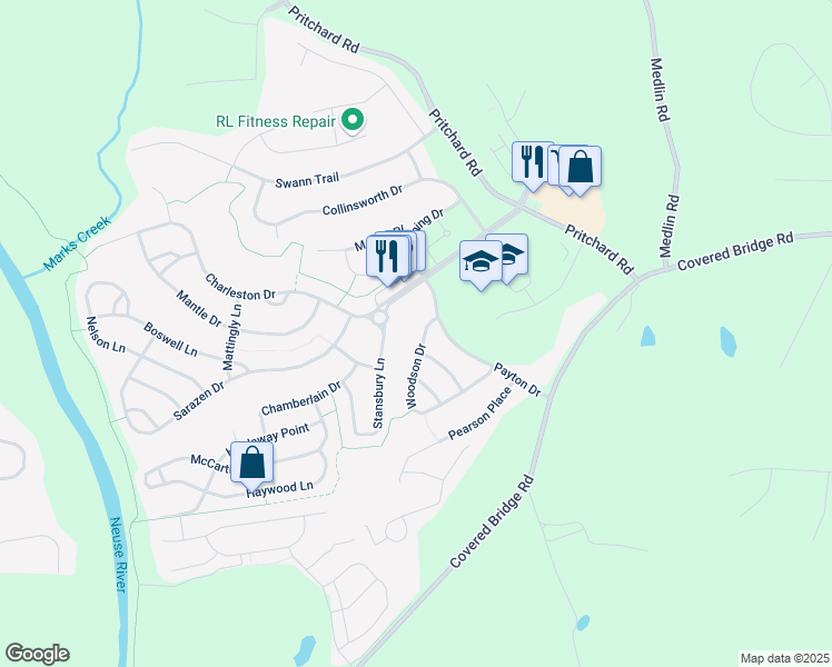 map of restaurants, bars, coffee shops, grocery stores, and more near 145 Woodson Drive in Clayton