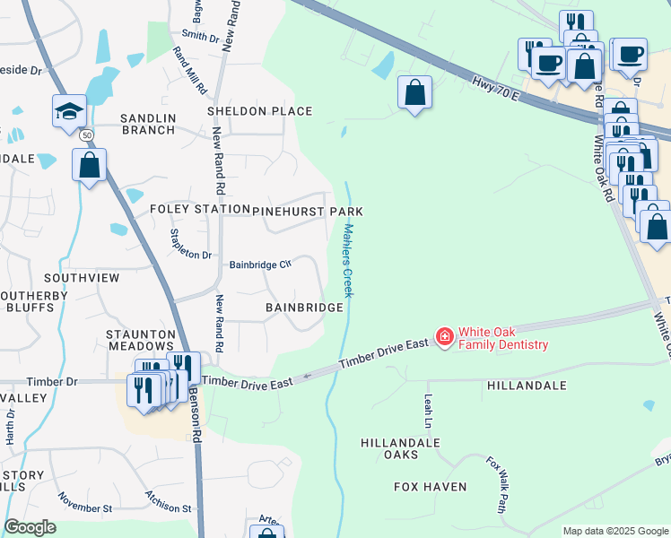 map of restaurants, bars, coffee shops, grocery stores, and more near 219 Bainbridge Circle in Garner