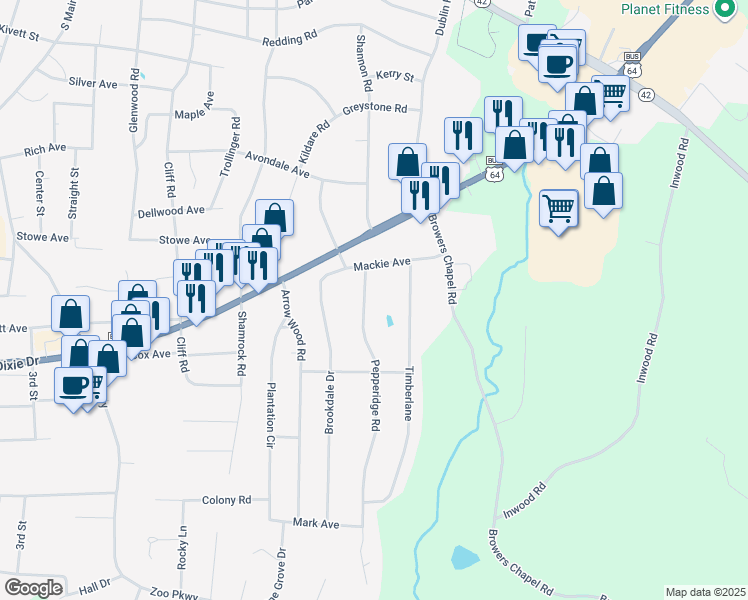 map of restaurants, bars, coffee shops, grocery stores, and more near 1200 Pepperidge Road in Asheboro