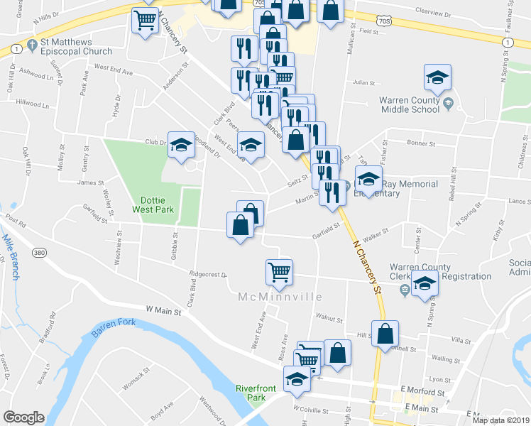 map of restaurants, bars, coffee shops, grocery stores, and more near 407 West End Avenue in McMinnville