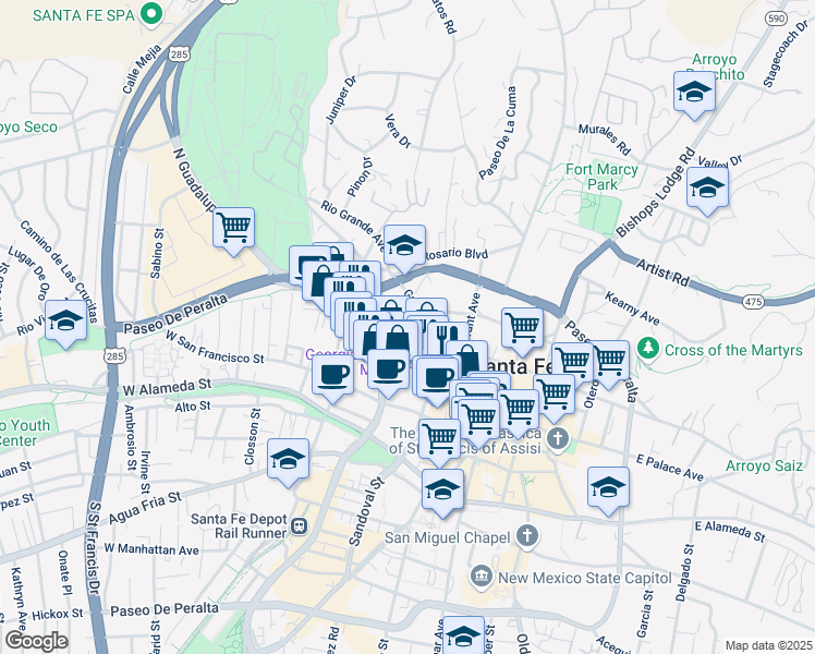 map of restaurants, bars, coffee shops, grocery stores, and more near 240 Griffin Street in Santa Fe