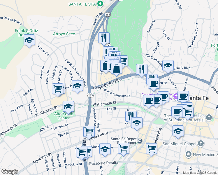 map of restaurants, bars, coffee shops, grocery stores, and more near 665 1/2 West San Francisco Street in Santa Fe