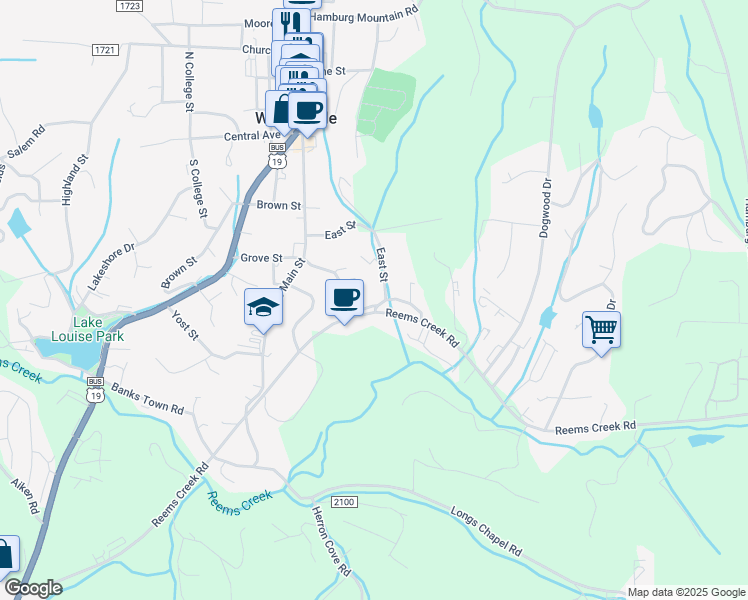 map of restaurants, bars, coffee shops, grocery stores, and more near 44 Hillside Street in Weaverville
