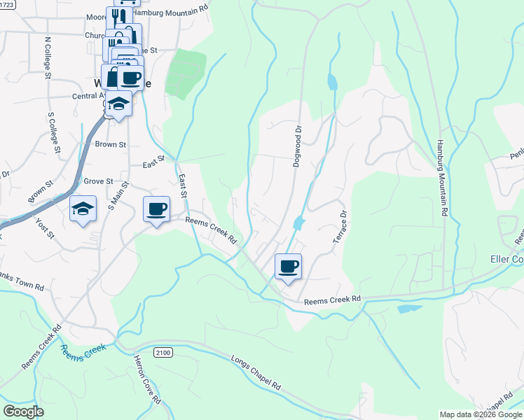 map of restaurants, bars, coffee shops, grocery stores, and more near 19 Woodstone Drive in Weaverville