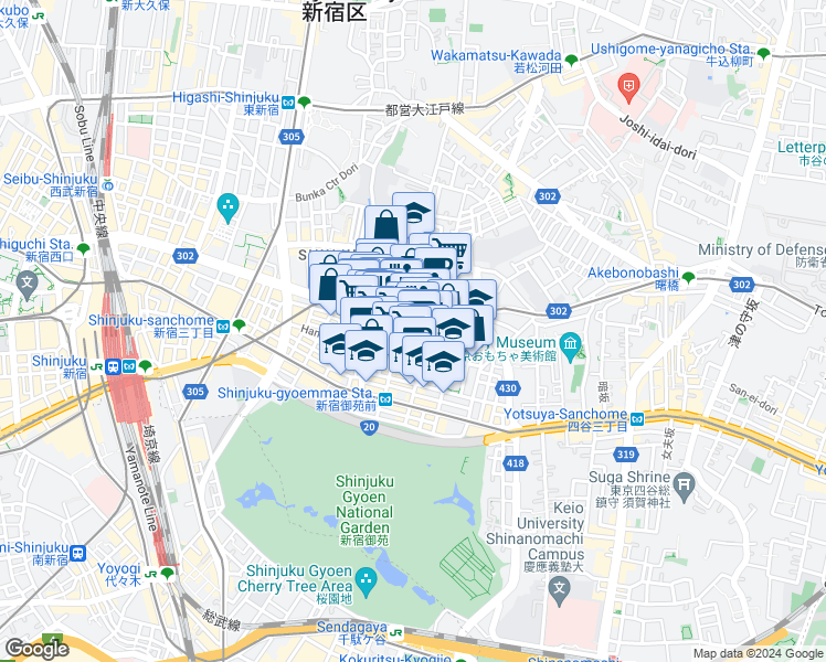 map of restaurants, bars, coffee shops, grocery stores, and more near in Shinjuku City