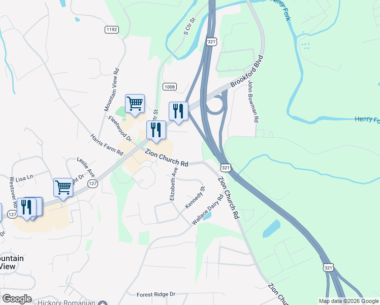 map of restaurants, bars, coffee shops, grocery stores, and more near 1100 Zion Church Road in Hickory