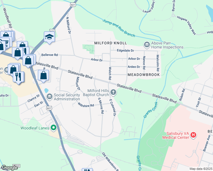 map of restaurants, bars, coffee shops, grocery stores, and more near 1405 Statesville Boulevard in Salisbury