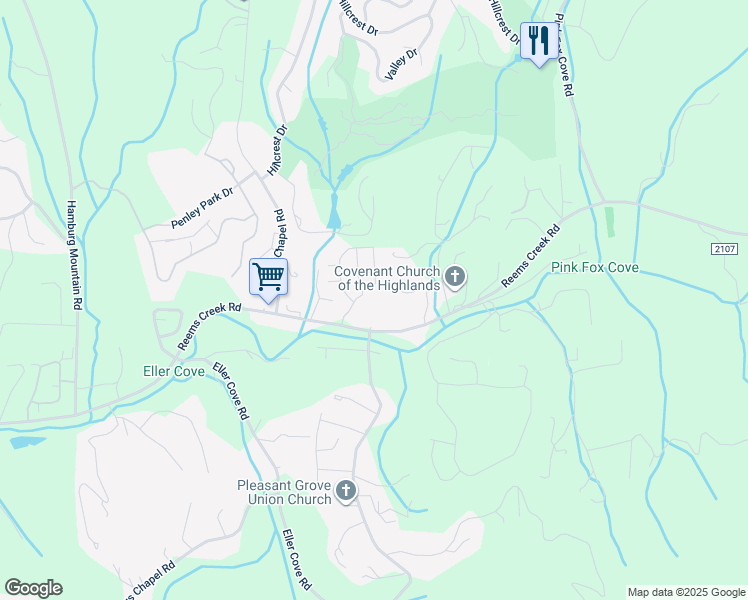 map of restaurants, bars, coffee shops, grocery stores, and more near 492 Reems Creek Road in Weaverville